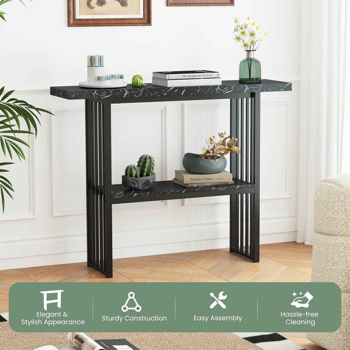 120 cm Long Narrow Console Table Faux Marble Entryway Table-Black