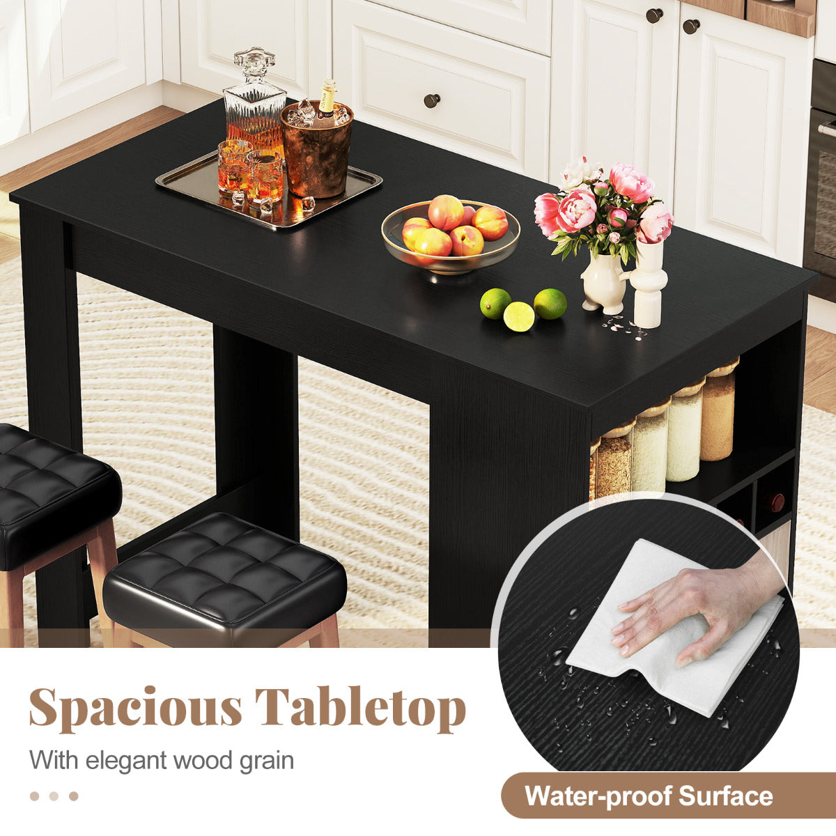 120 cm Bar Table with Storage Cabinet and Wine Rack-Black