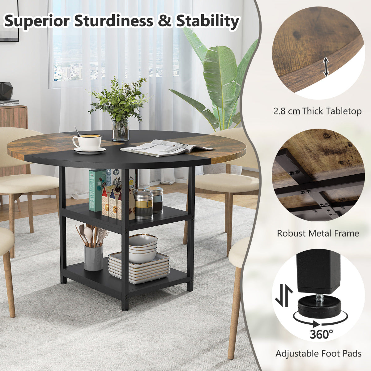 120 cm Dining Table with 2-tone Color-blocked Design-Black