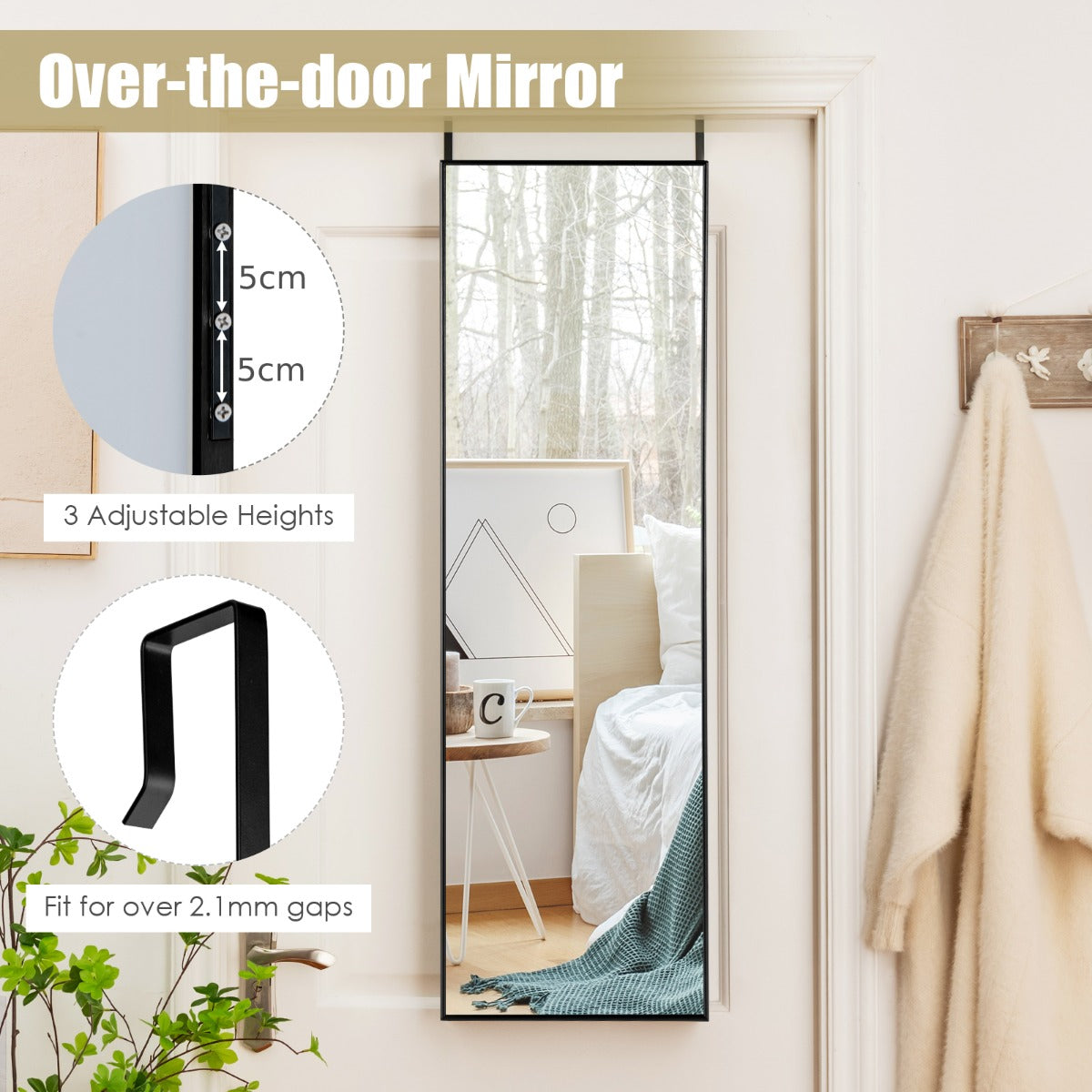 120 x 37 cm Full Length Wall Hanging Mirror with Adjustable Hook-Black