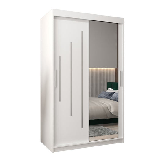 White wardrobe with sliding mirror doors on a white background