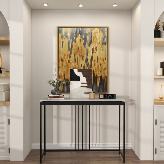 120cm Console Table Narrow Entryway Table with Faux Marble Tabletop-White