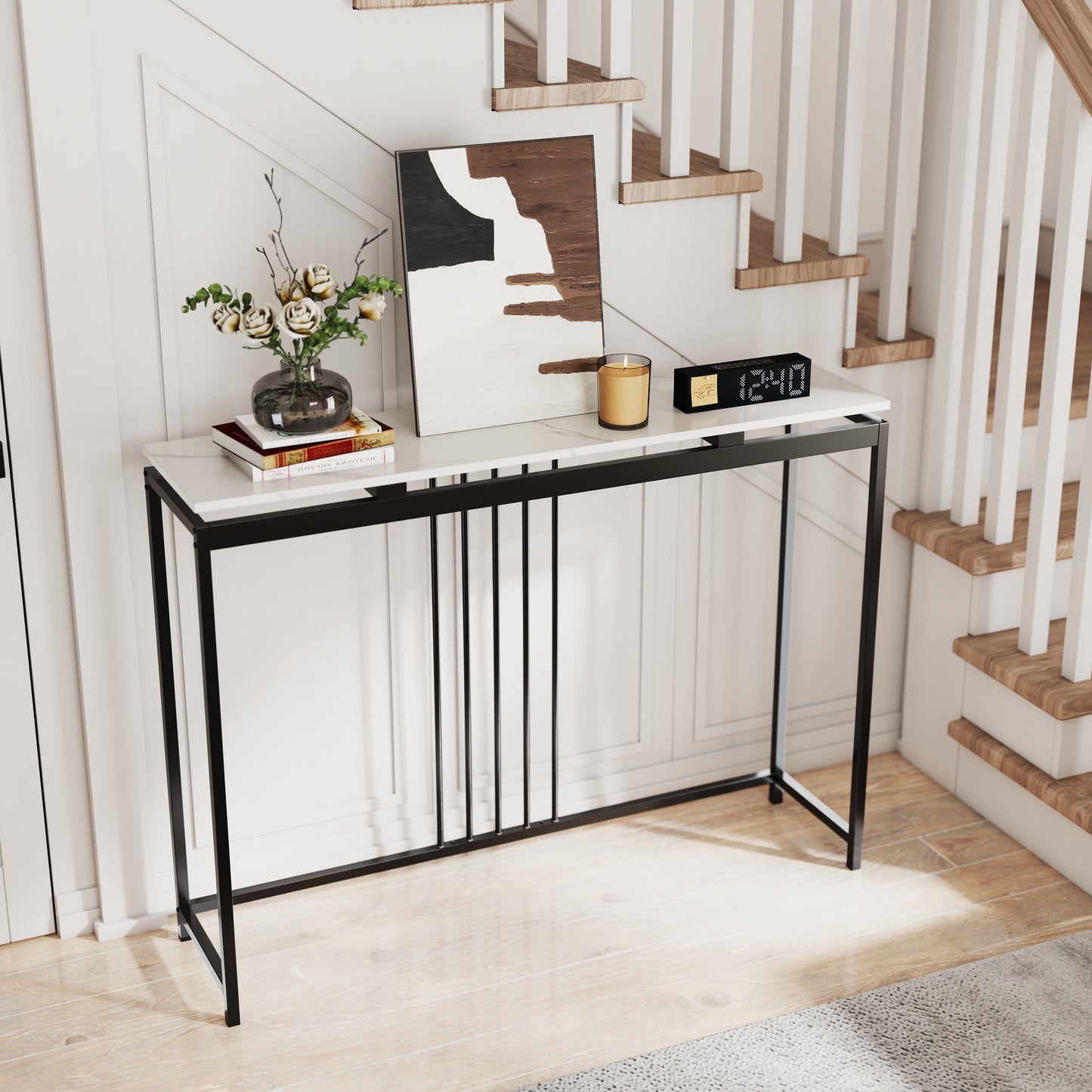 120cm Console Table Narrow Entryway Table with Faux Marble Tabletop-White