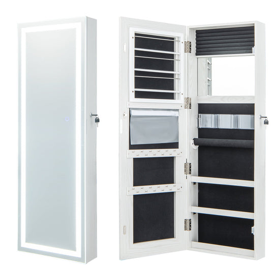 120cm LED Mirror Jewelry Cabinet with 3-Color Lights and Lockable Magnetic Door-White