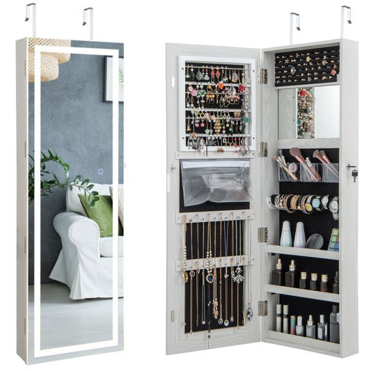 120cm LED Mirror Jewelry Cabinet with 3-Color Lights and Lockable Magnetic Door-White