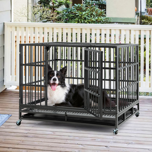 96/120cm Metal Dog Cage Foldable with Double Door and Wheels-L