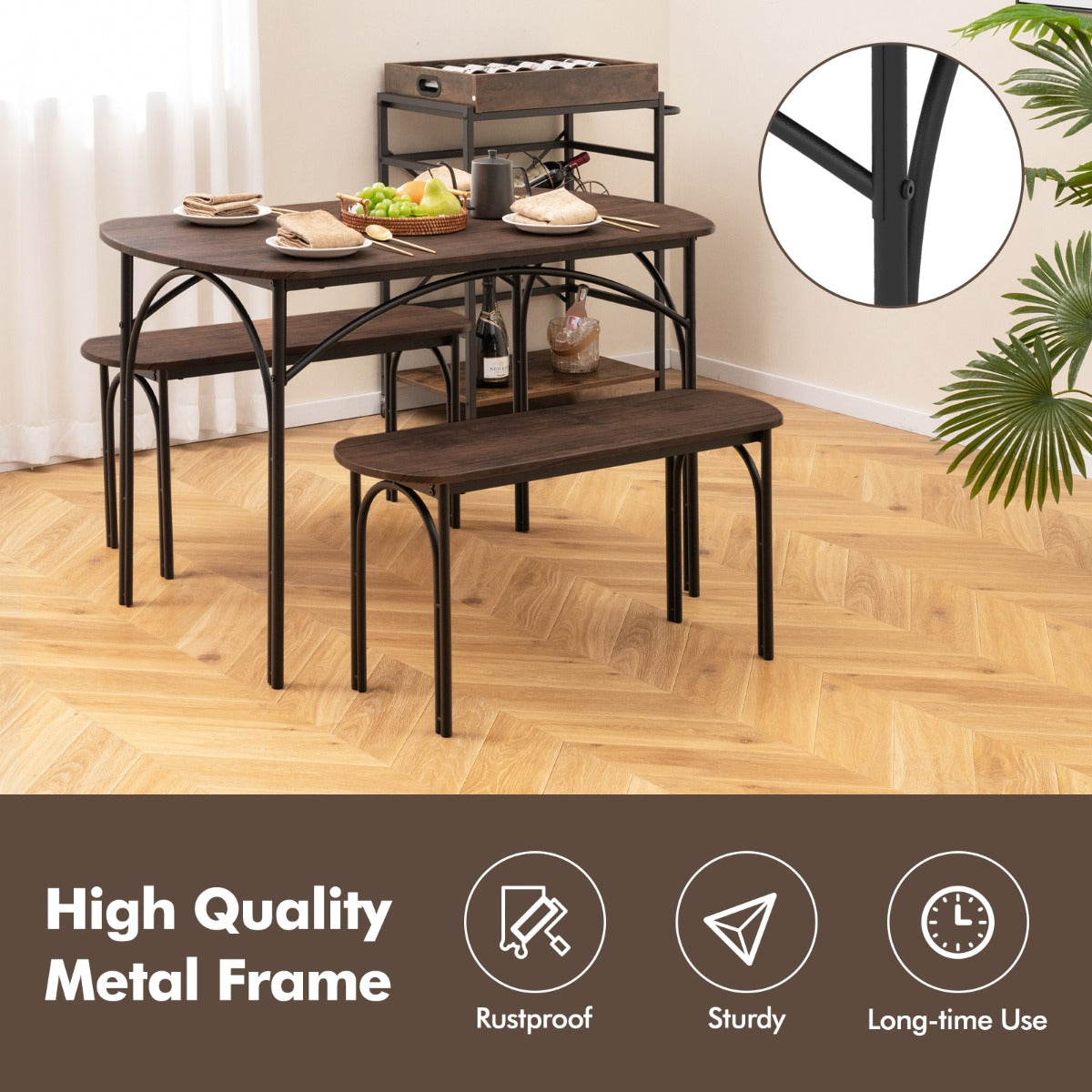 120cm Space Saving Kitchen table set with Wooden Table and 2 Benches-Brown