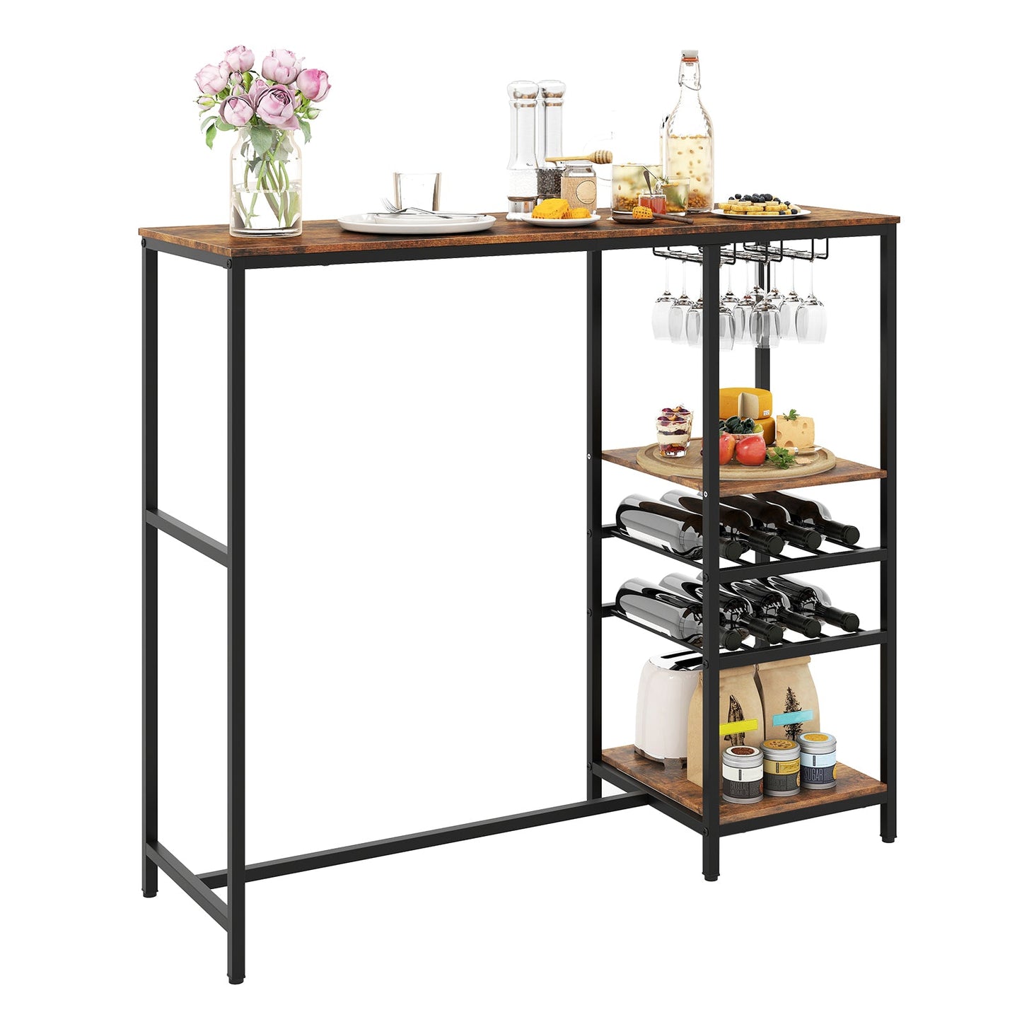 121cm Long Bar Table Bar Height Dining Table with Storage Shelves-Rustic Brown