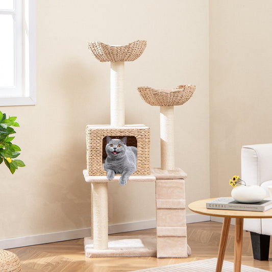 122 cm Cattail Cat Tree with Sisal Scratching Posts Perch Condo and Basket Bed-Beige