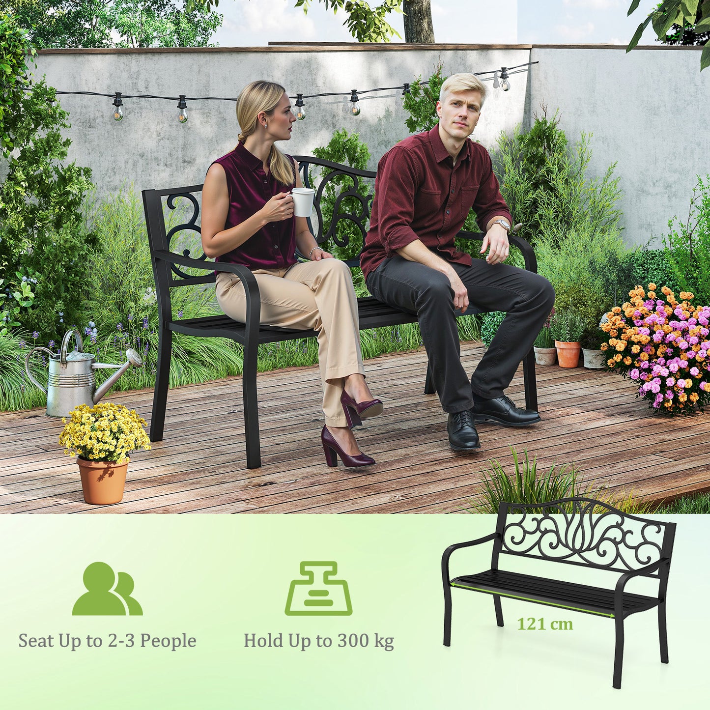 127CM Outdoor Garden Bench with Floral Design Backrest and Slatted Seat-Black