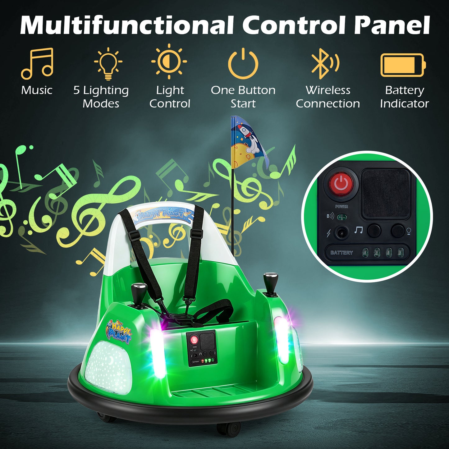 12V Bumper Car for Kids with Remote Control and Lighting Modes-Green