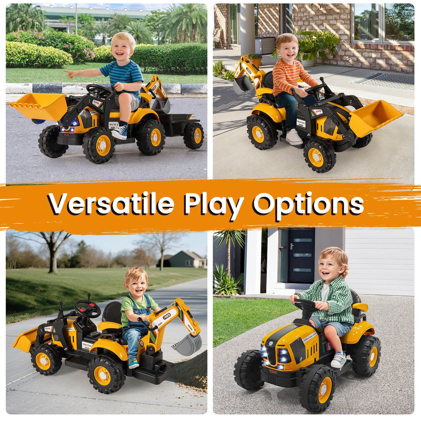 4-in-1 Ride on Tractor for Kids 12V with Remote Control and Trailer-Yellow
