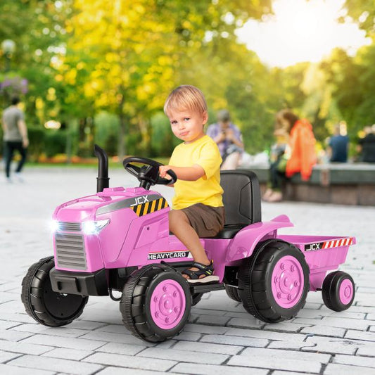12V Kids Ride On Tractor with Trailer with Remote Control and Lights and Horn-Pink