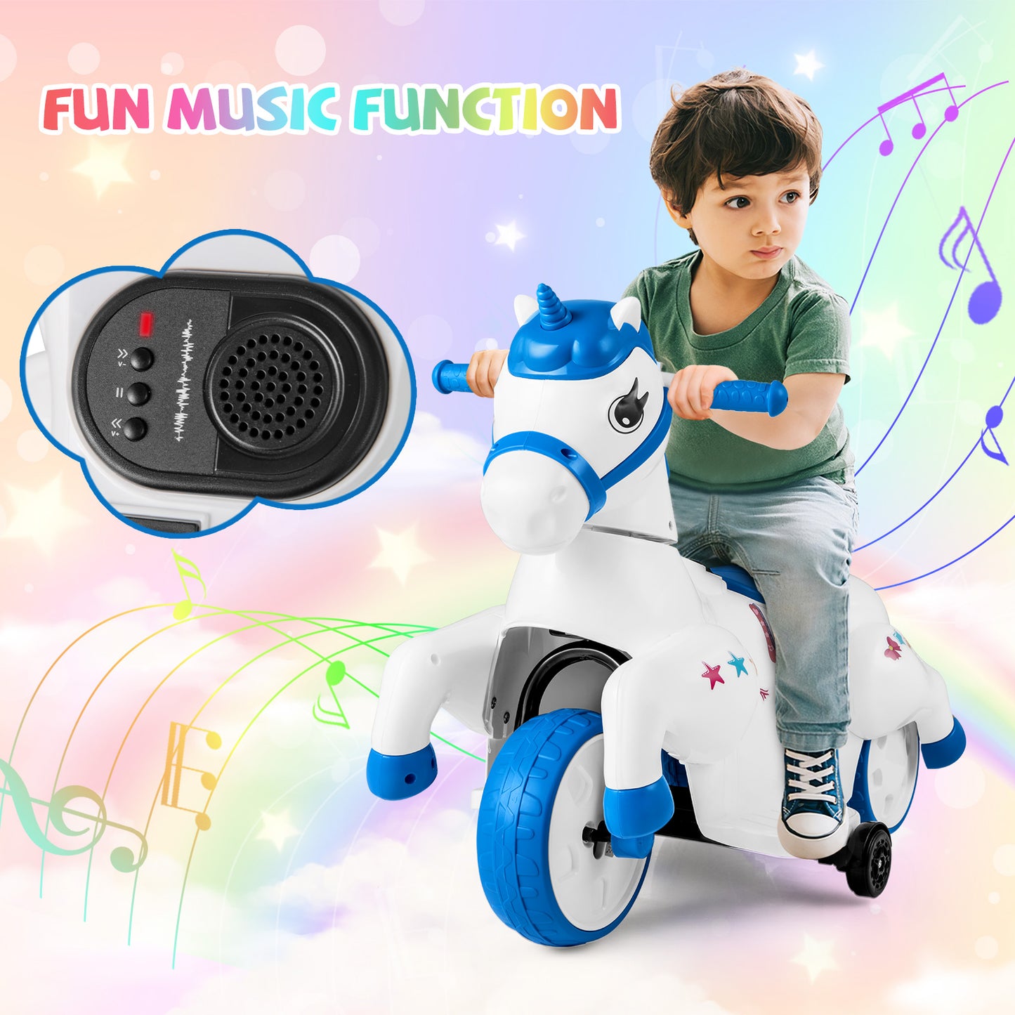 12V Unicorn Ride on Toy with Training Wheels for Kids-Blue and White