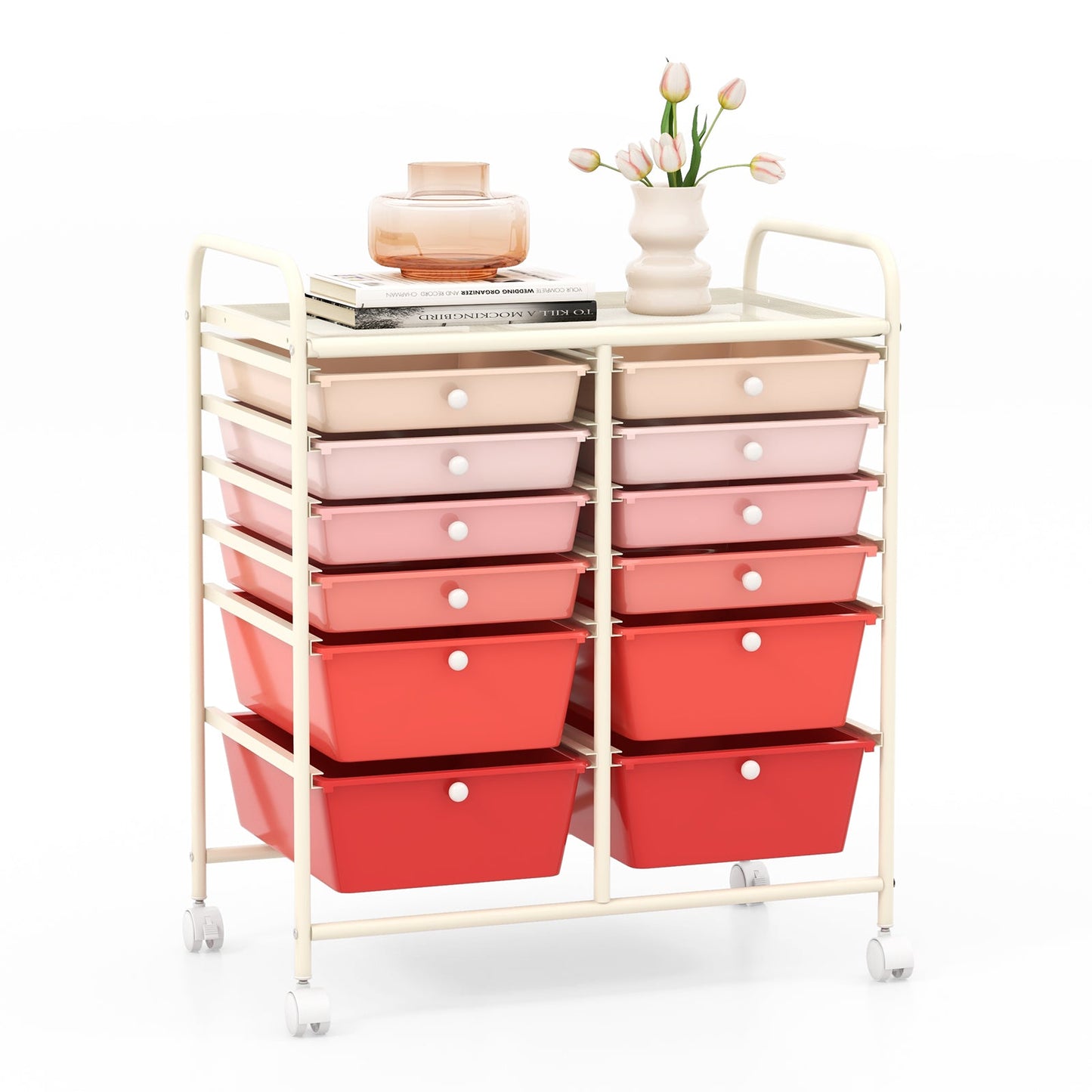 12 Drawers Rolling Storage Cart with 4 Wheels and Brakes-Gradient Pink