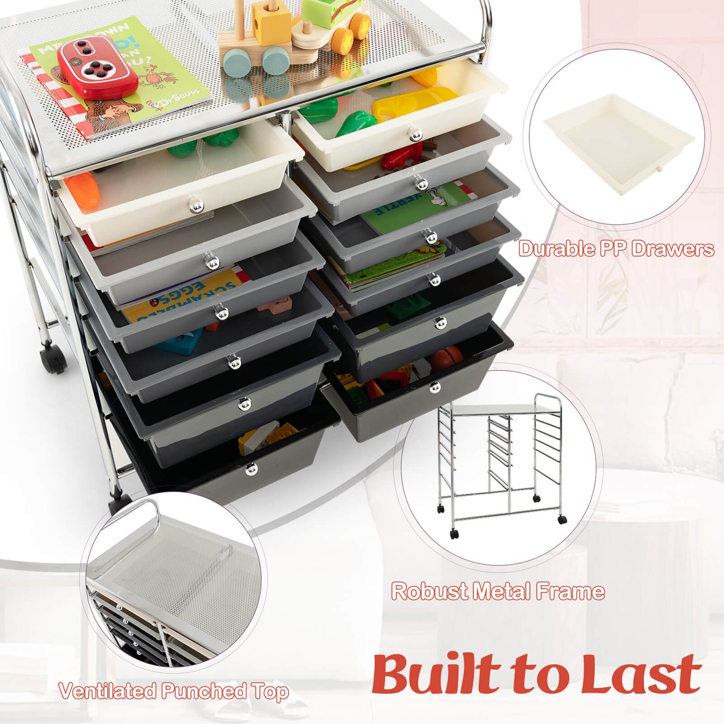 12 Drawers Rolling Storage Cart with 4 Wheels and Brakes-Gradient Black