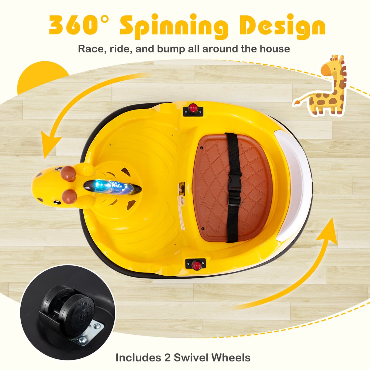 12V Bumper Car Giraffe Toddler 360° Spinning Ride on Toy-Yellow