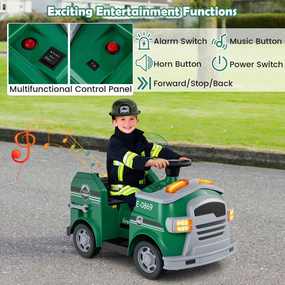 12V Kids Ride on Fire Truck with Shovel and Wrench-Green