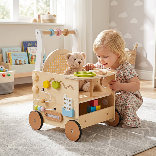13-In-1 Wooden Baby Walker with Wheels and Storage for Boys Girls Aged 1+