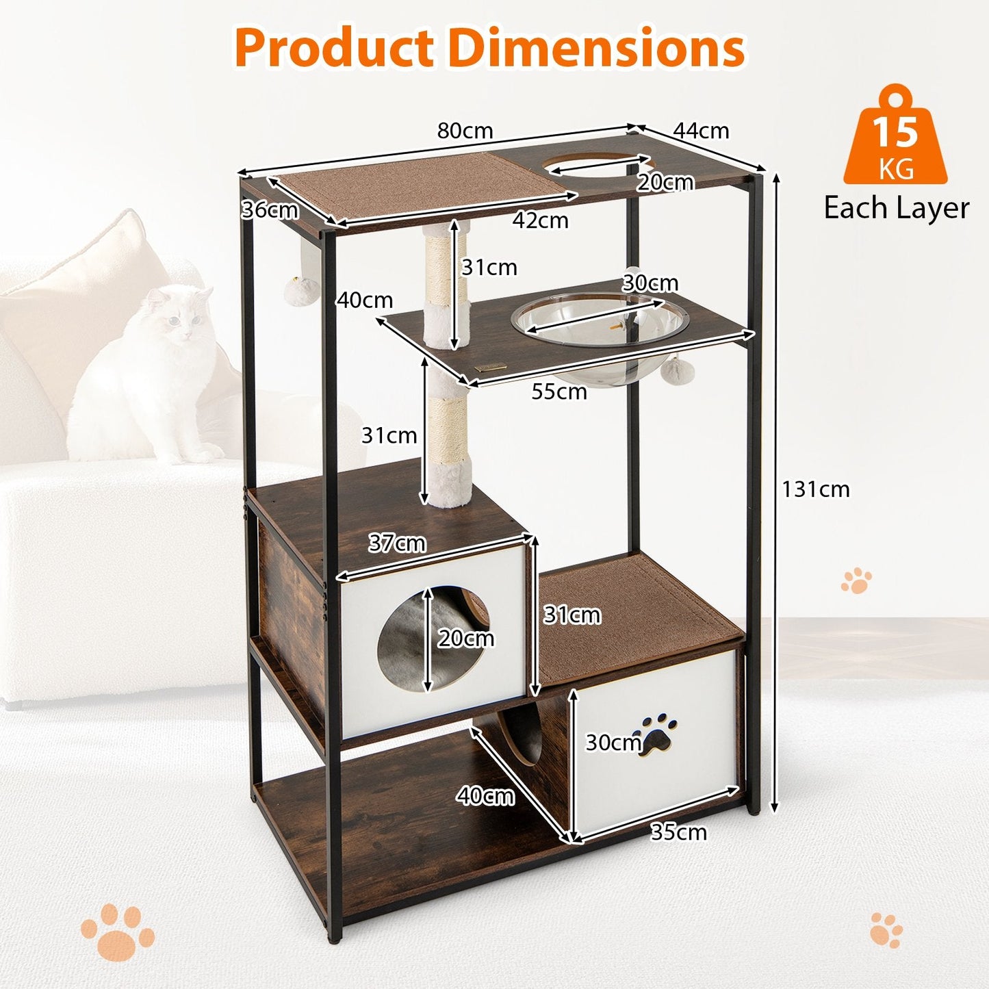 131CM Tall Wooden Cat Tree with Metal Frame Sisal Scratching Posts-Natural