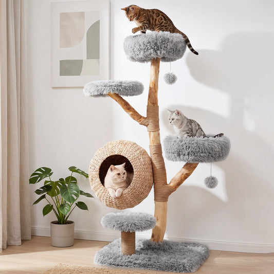 134CM 5-Tier Cat Tree with Woven Cat Condo and Hanging Balls-Grey