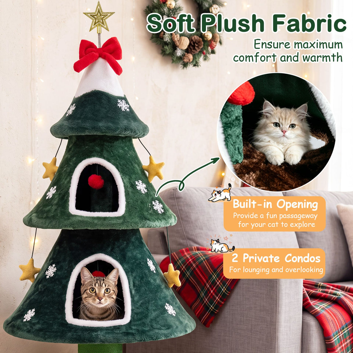 137.5 cm Christmas Cat Tree with 2 Private Condos for Indoor Cats-Green