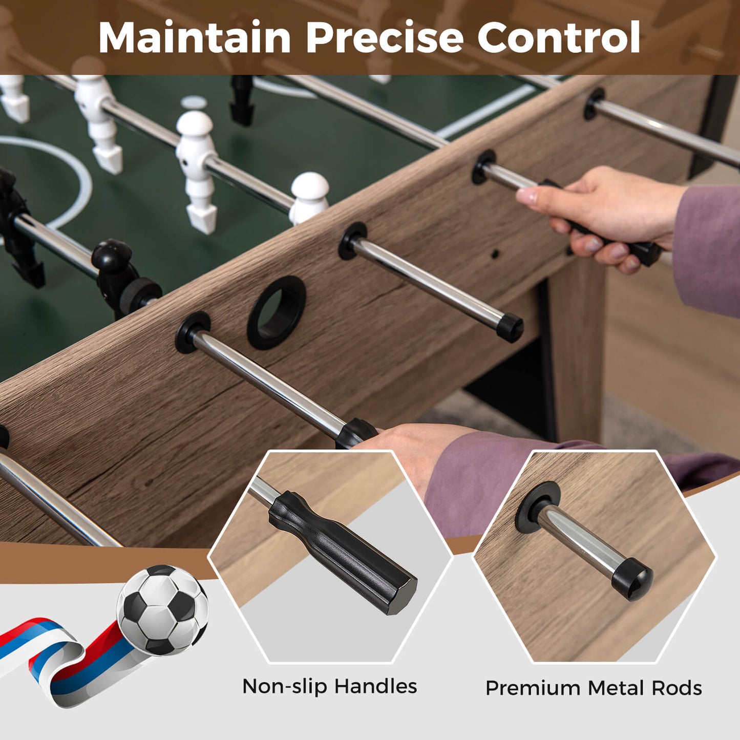 137cm Foosball Table Arcade Soccer Game Table with 2 Balls and 26 Players-Natural
