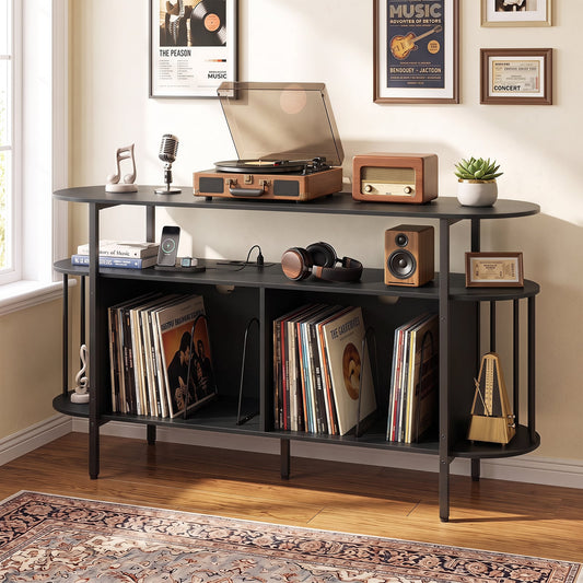 140 cm Record Player Stand with LED Lights & Power Outlets and 6 Dividers for Indoor-Black