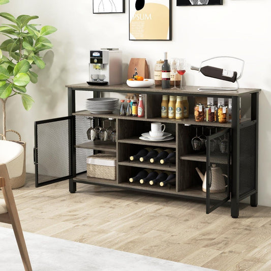 140cm Buffet Sideboard with 8-Bottle Wine Racks and 6 Rows of Wine Glass Holders-Grey