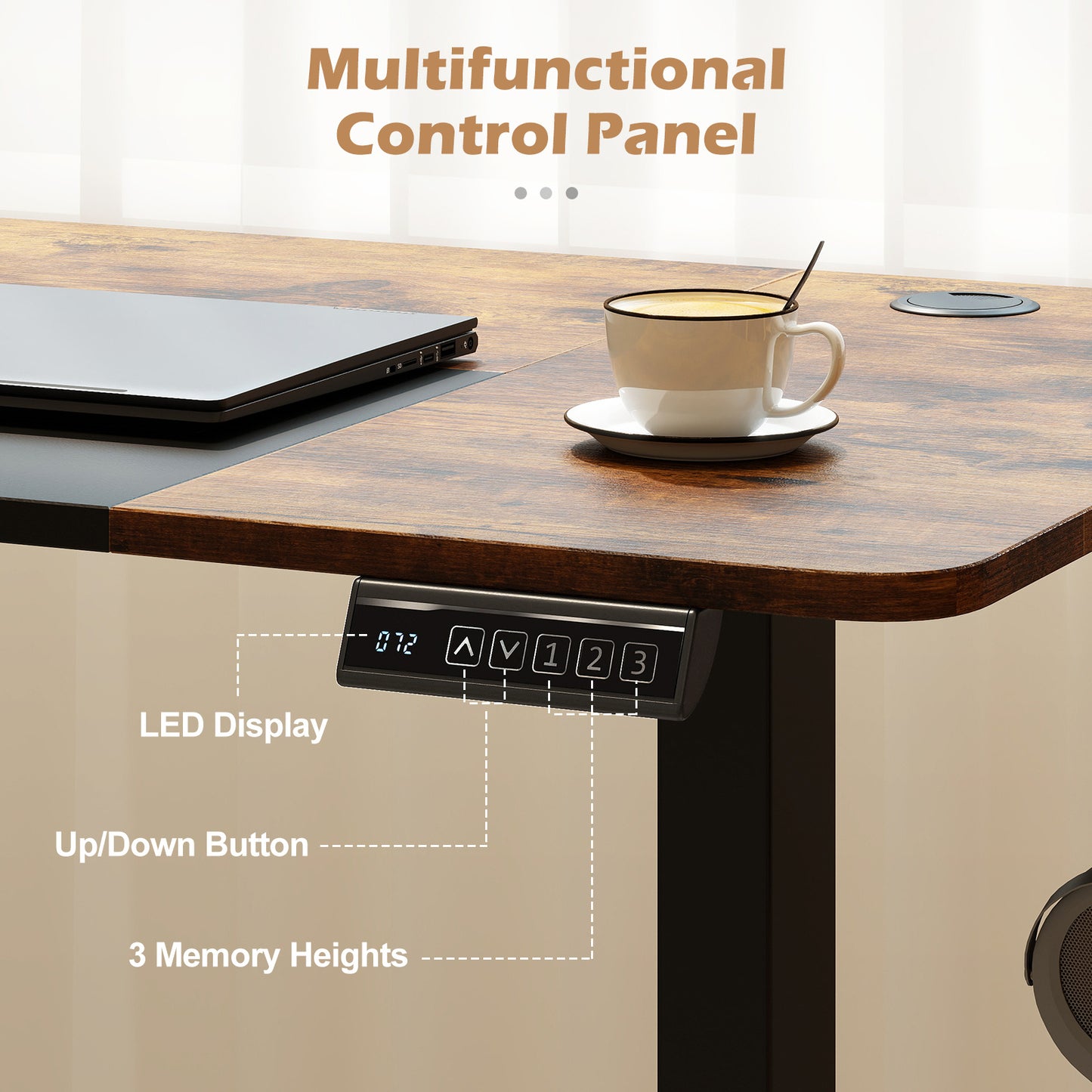 140x60 CM Electric Standing Desk with 3 Memory Heights & LED Panel for Home Office-Rustic Brown