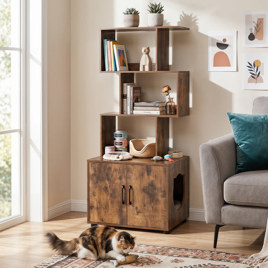 141 CM Tall Cat Litter Box Enclosure with 3 Open Shelves & Side Entry for Indoor-Rustic Brown