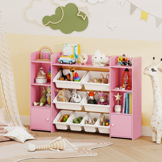 142 cm Large Toy Storage Organizer with 8 Removable Bins and Bookshelf-Pink
