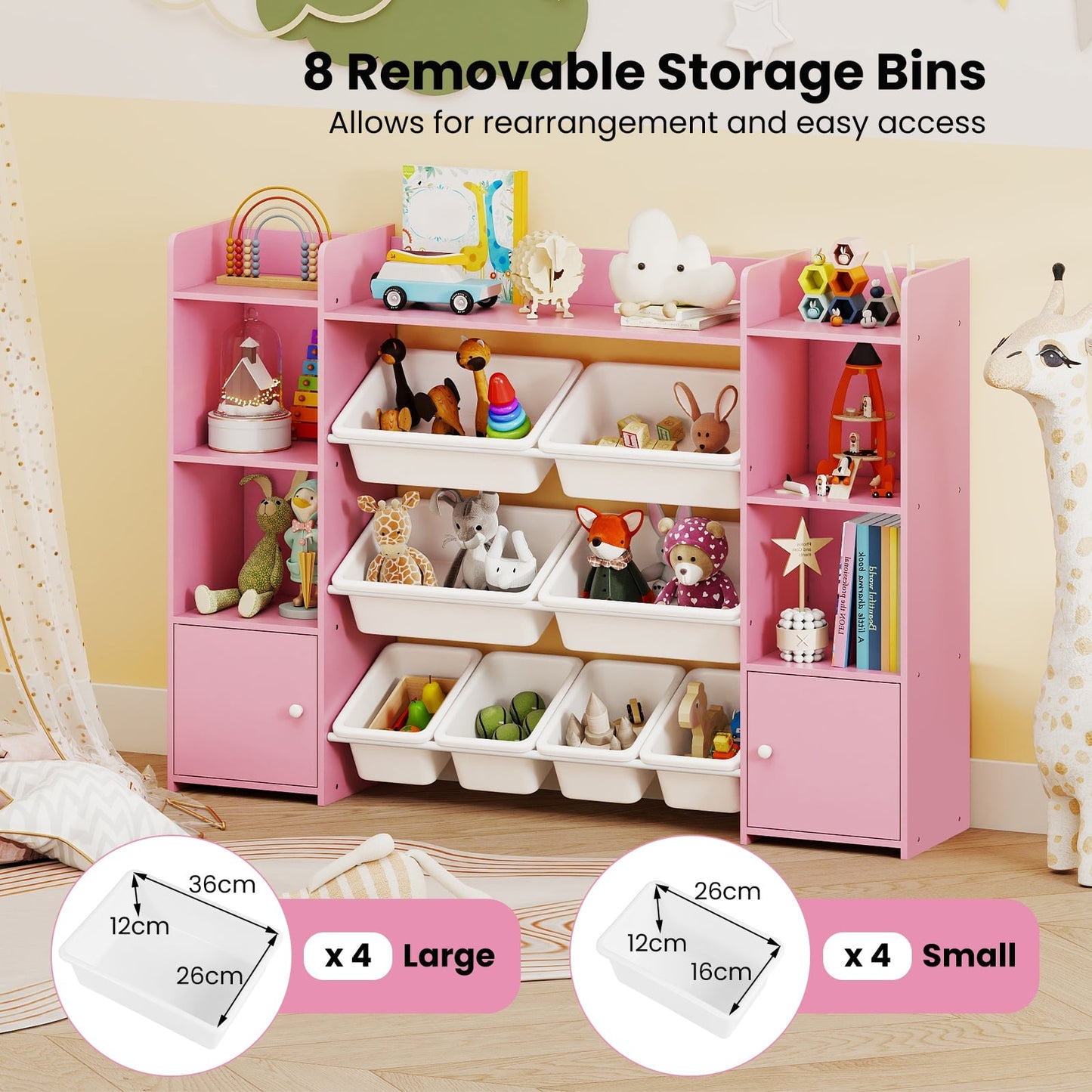 142 cm Large Toy Storage Organizer with 8 Removable Bins and Bookshelf-Pink
