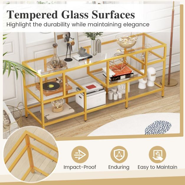 58 Inch TV Console Table with Tempered Glass Shelves for Living Room-Gold