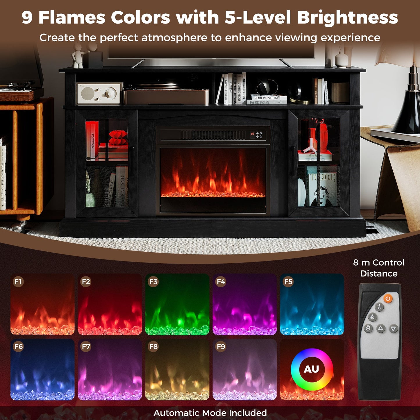 148cm Fireplace TV Stand with LED Lights Entertainment Center for 65 Inch TV-Black