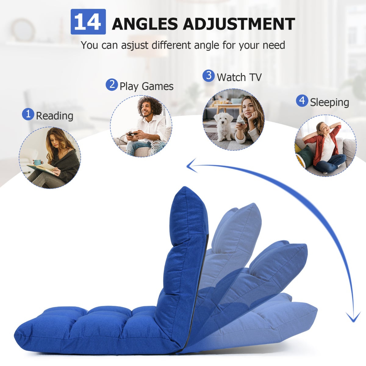 14-Position Adjustable Floor Chair with High Resilience Sponge-Blue