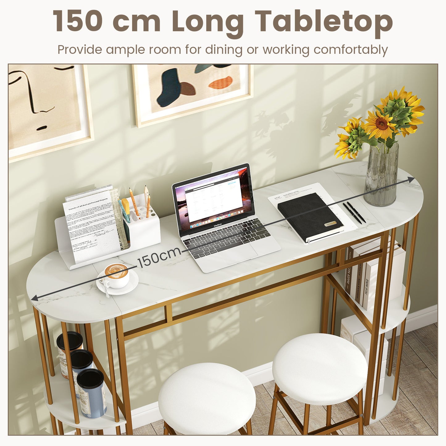 150 CM Long Bar Table with Faux Marble Tabletop & Storage Shelves for Kitchen & Dining-Golden and White