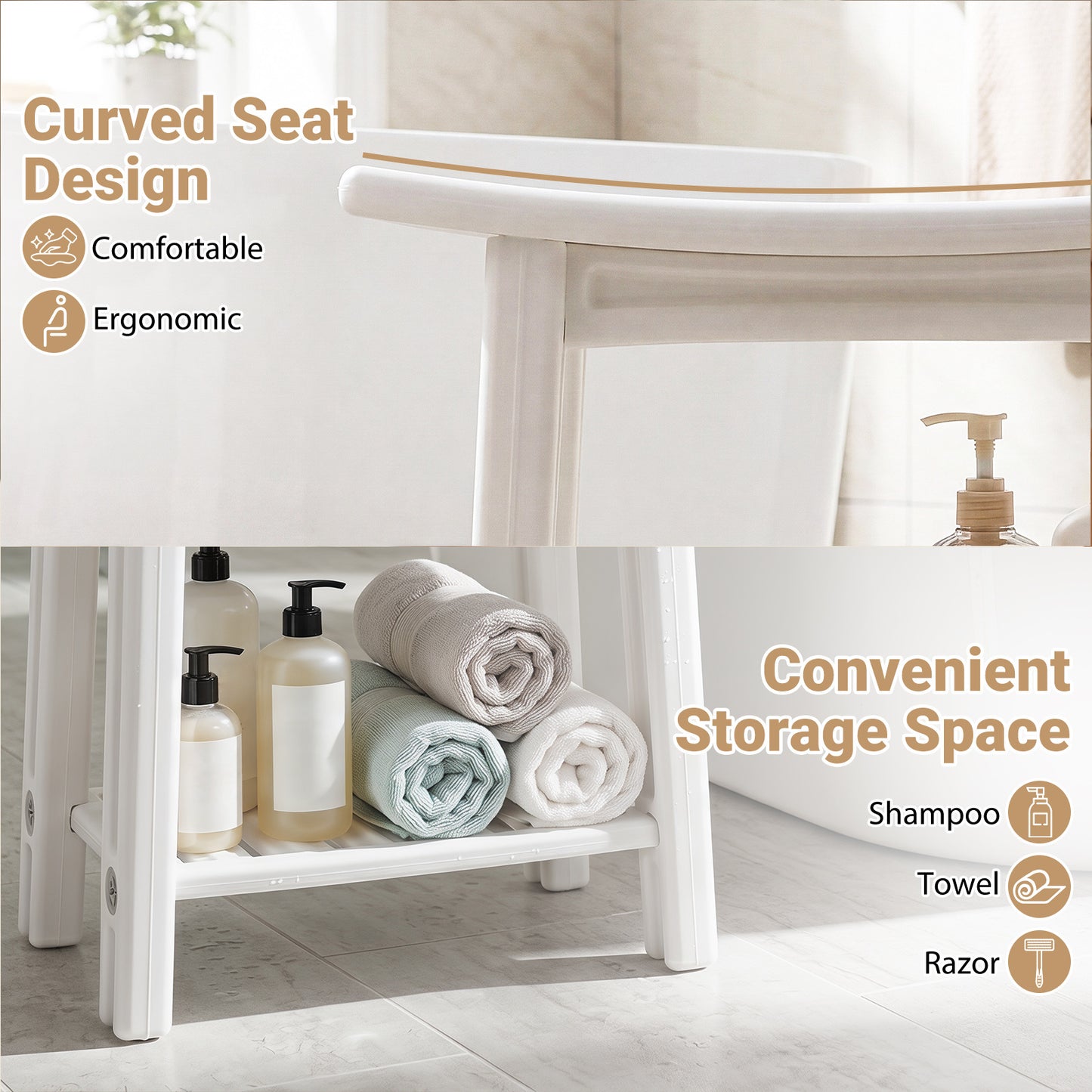 150 KG Capacity HDPE Shower Bench with Storage Shelf and Handles-White