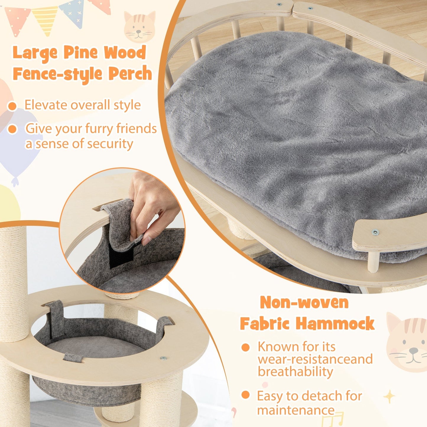 150CM Wooden Multi-Level Cat Tree with Top Perch and Hammock-Grey