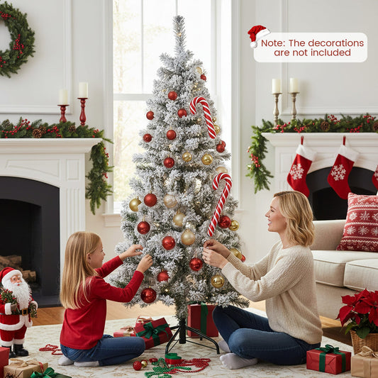 150 CM Pre-Lit Christmas Tree Hinged Slim Pencil Xmas Tree with 329 Snow Flocked PVC Branch Tips-1.5 M