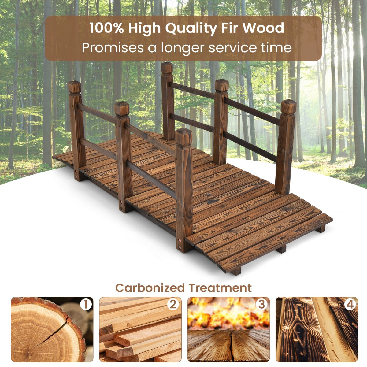 150 cm Wooden Garden Bridge with Double Safety Rails for Backyard Gravel Road-Brown
