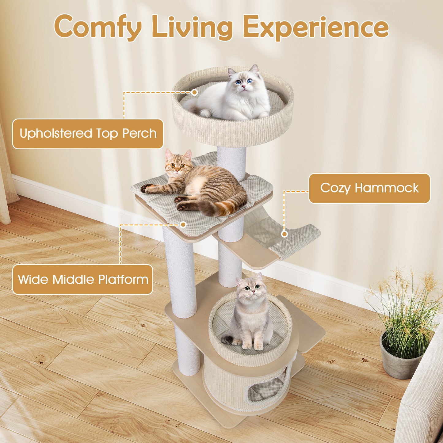 151 CM Modern Cat Tree Multi-level with Padded Top Perch and 2-Tier Cat Condo-Natural & White