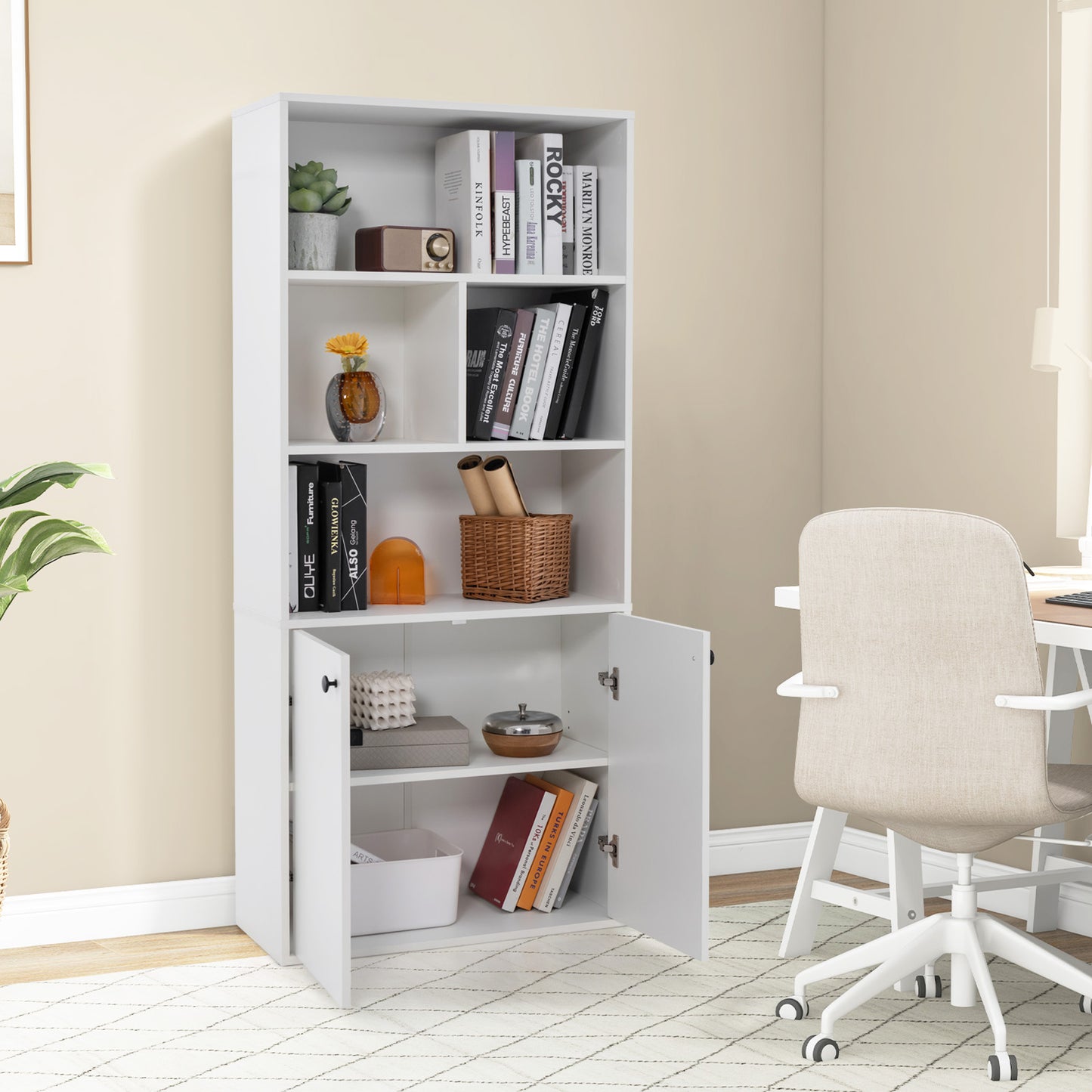 155 CM 5-Tier Bookcase Tall Bookshelf with Double Doors and Open Cubes-White