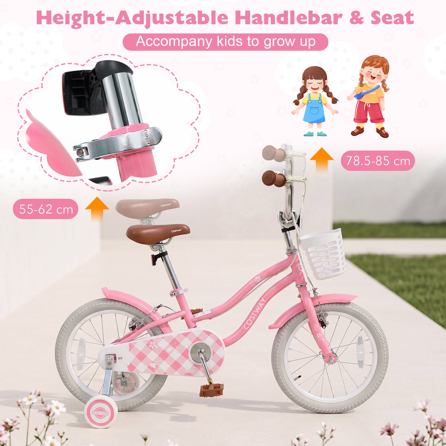 16 Inch Girls Bike with Basket for 4-7 Years Retro Series Peach Pink