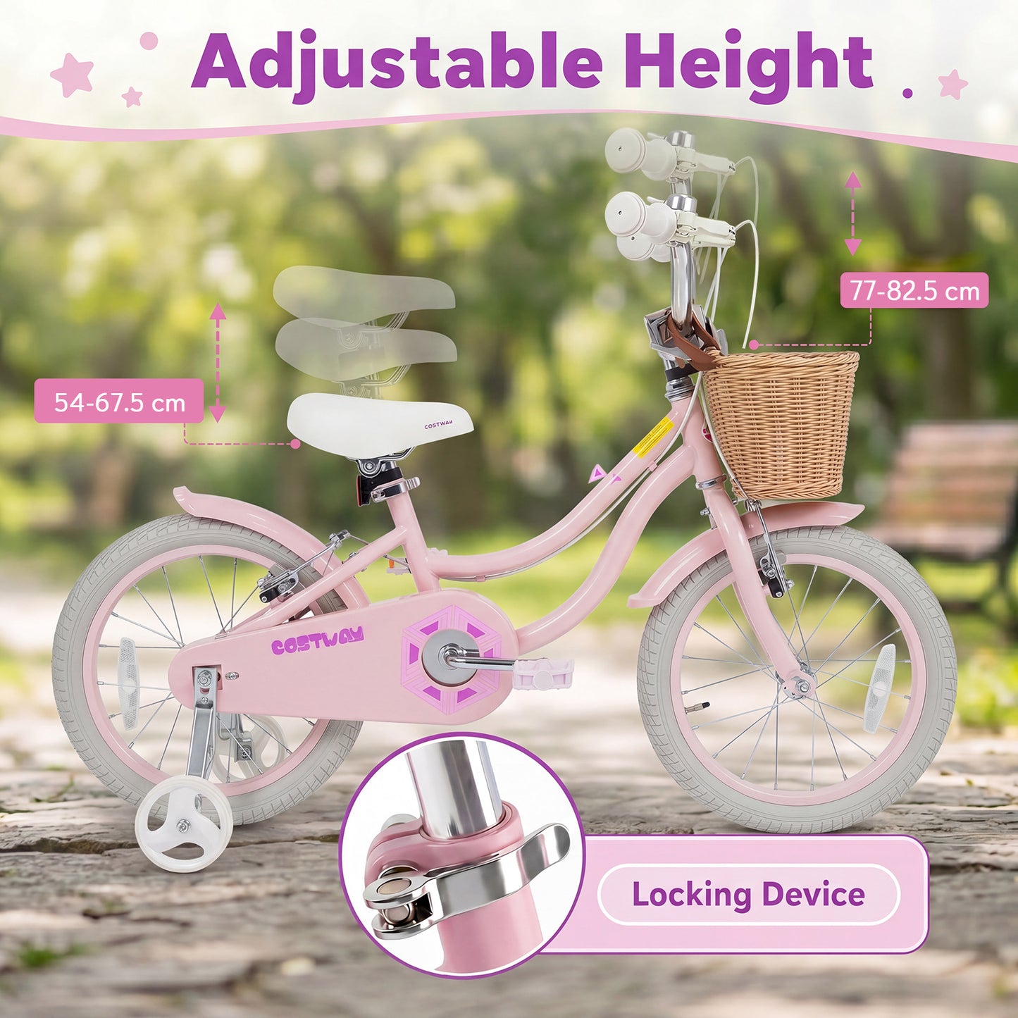 16 Inch Girls Bike with Woven Basket for 4-7 Years Cottage Series Sakura Pink