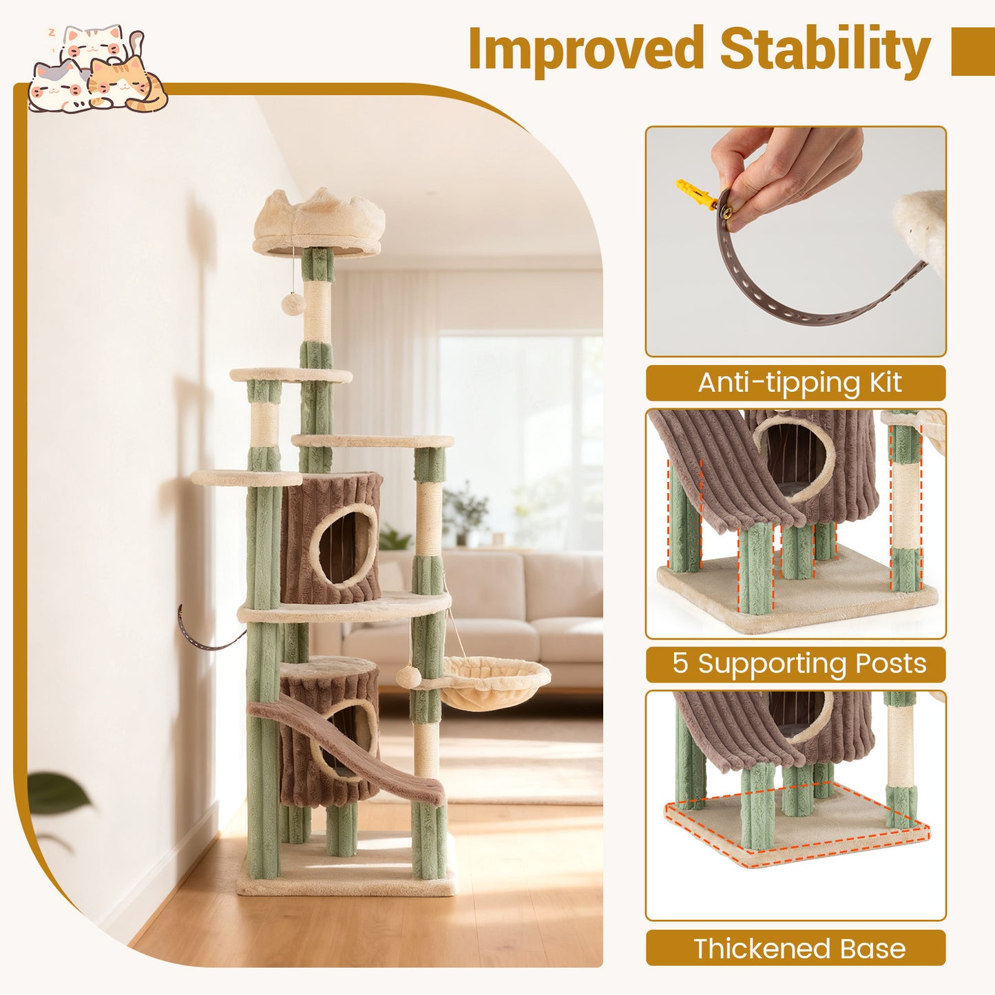163 cm Tall Kitty Tower with 2 Condos and Plush Perch-Green
