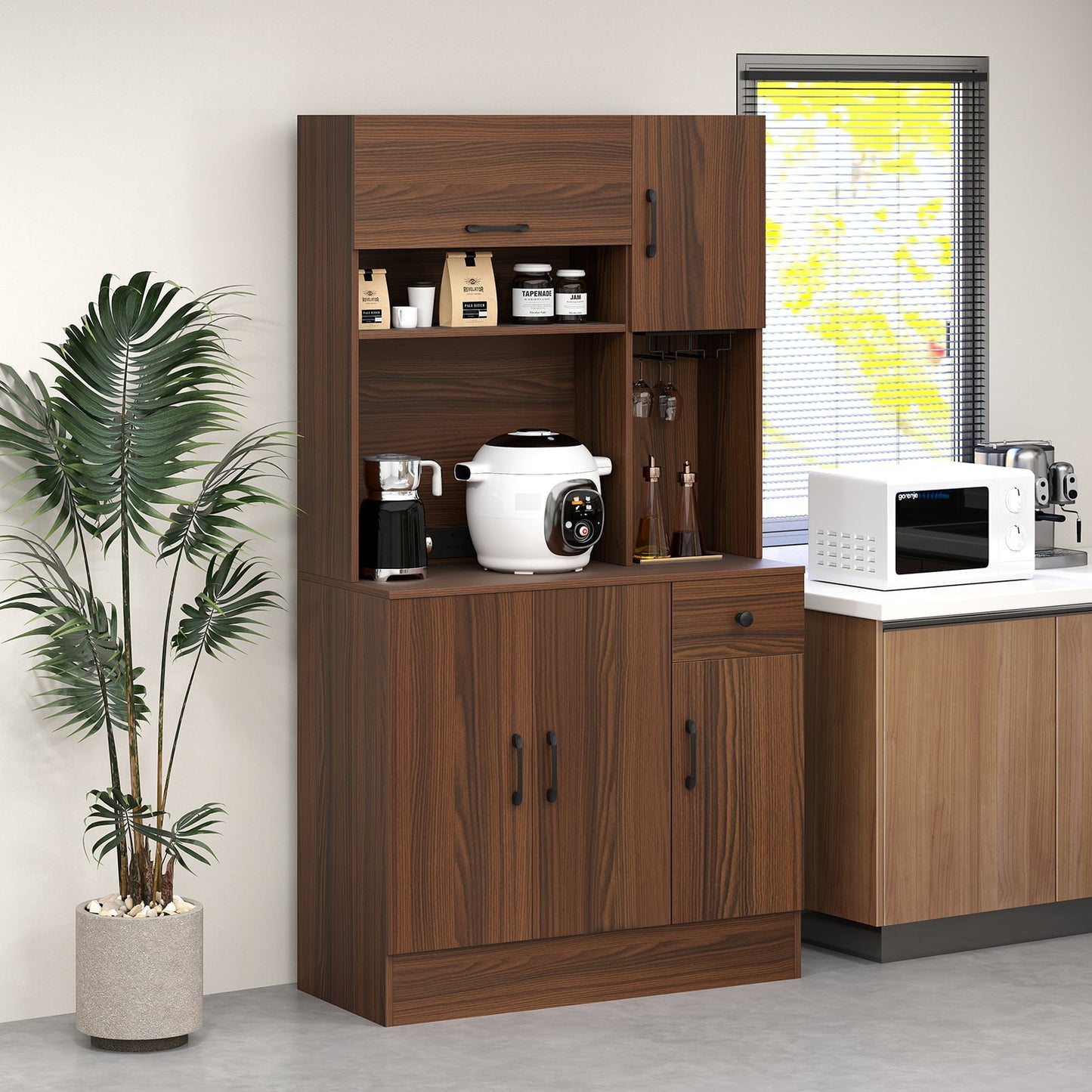 167cm Tall Pantry Cabinet with Hutch and Power Outlets-Walnut