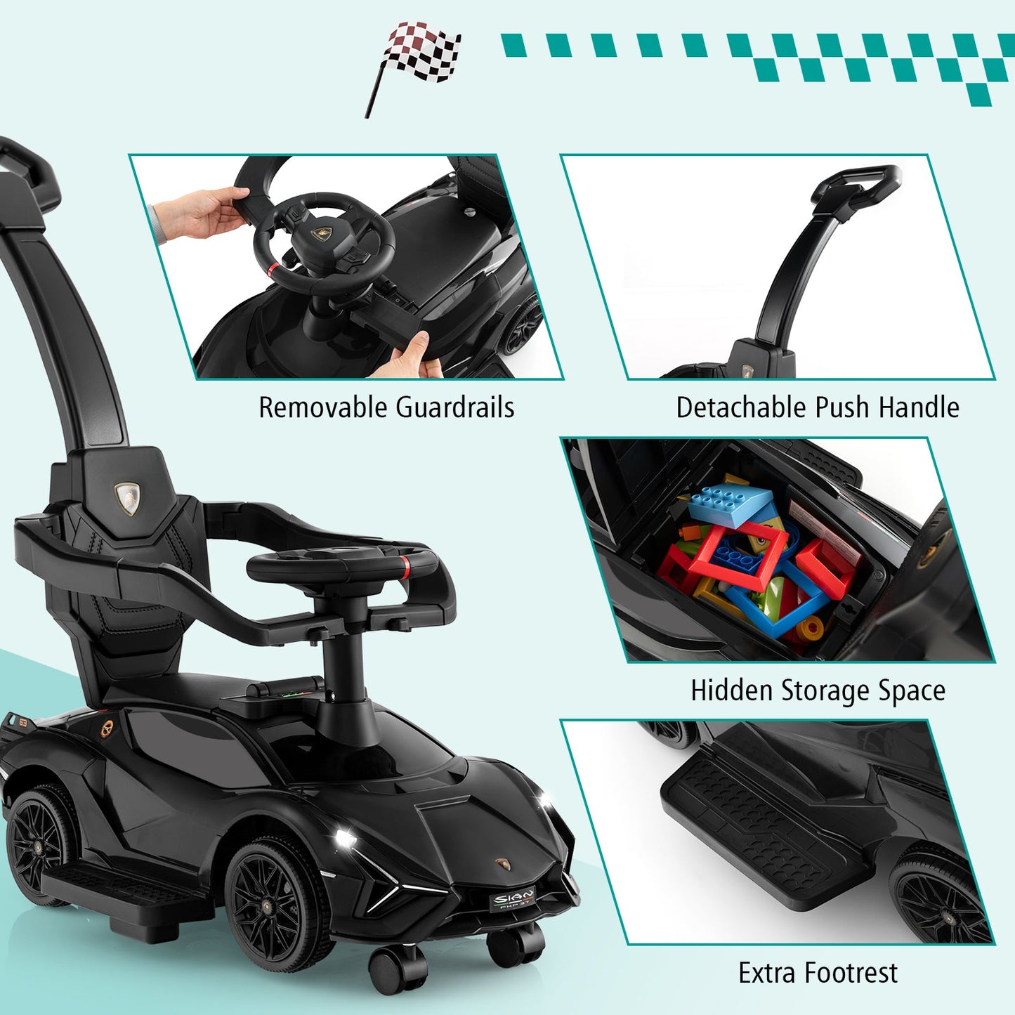 3 in 1 Licensed Lamborghini Ride Walking Toy Stroller-Black