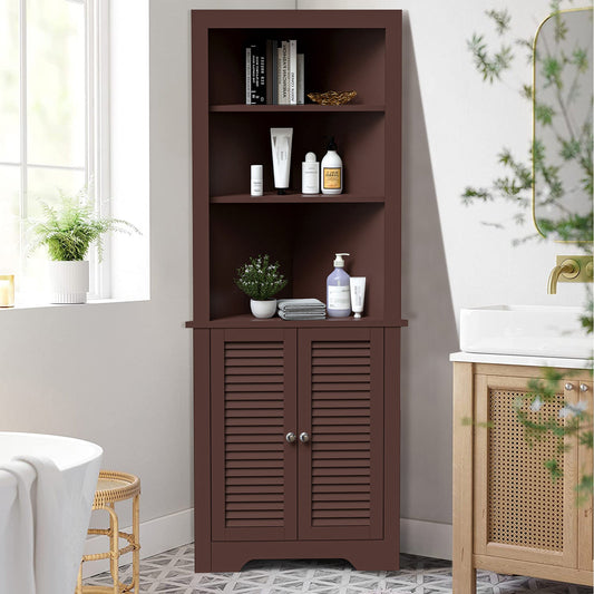 Free Standing Tall Bathroom Corner Storage Cabinet with 3 Shelves-Brown