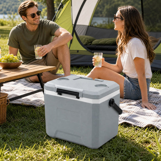 16L Portable Cooler with Phone & Bottle Holders and Divider for Camping Fishing-Grey
